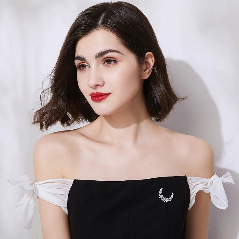 Elegant Cubic Zirconia Moon Brooch