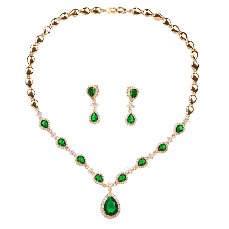 Charming Green Waterdrop Zirconia Earrings And Necklace Jewelry Sets