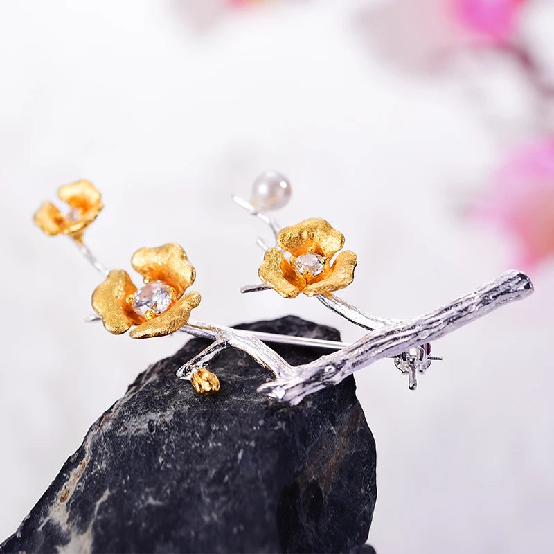 Delicate Handmade 925 Sterling Silver Plum Blossom Flower Brooch