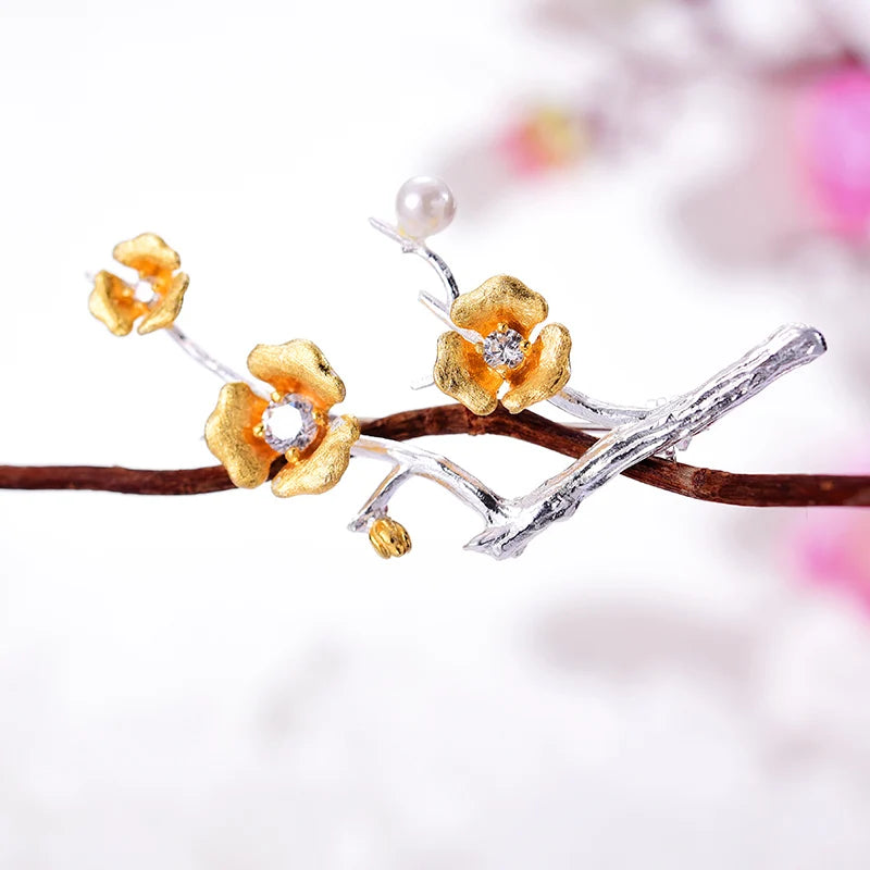 Delicate Handmade 925 Sterling Silver Plum Blossom Flower Brooch