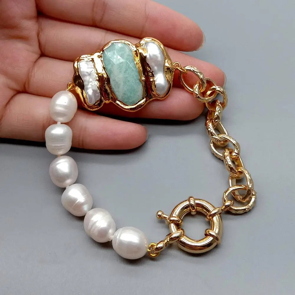 Artistic Natural Cultured White Rice Pearl Amazonite Pearl Chain Bracelet