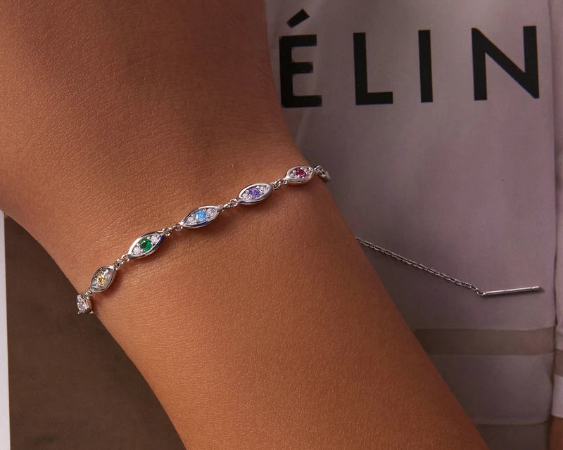 Vibrant 925 Sterling Silver Rainbow Evil Eye Charm Bracelet