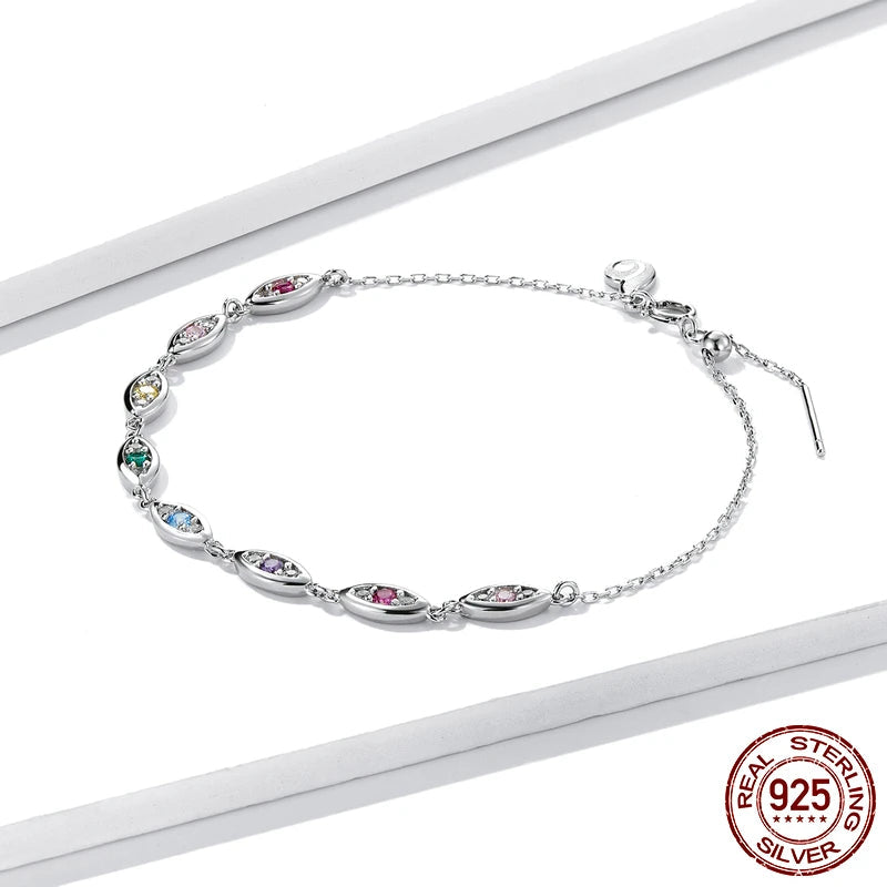 Vibrant 925 Sterling Silver Rainbow Evil Eye Charm Bracelet