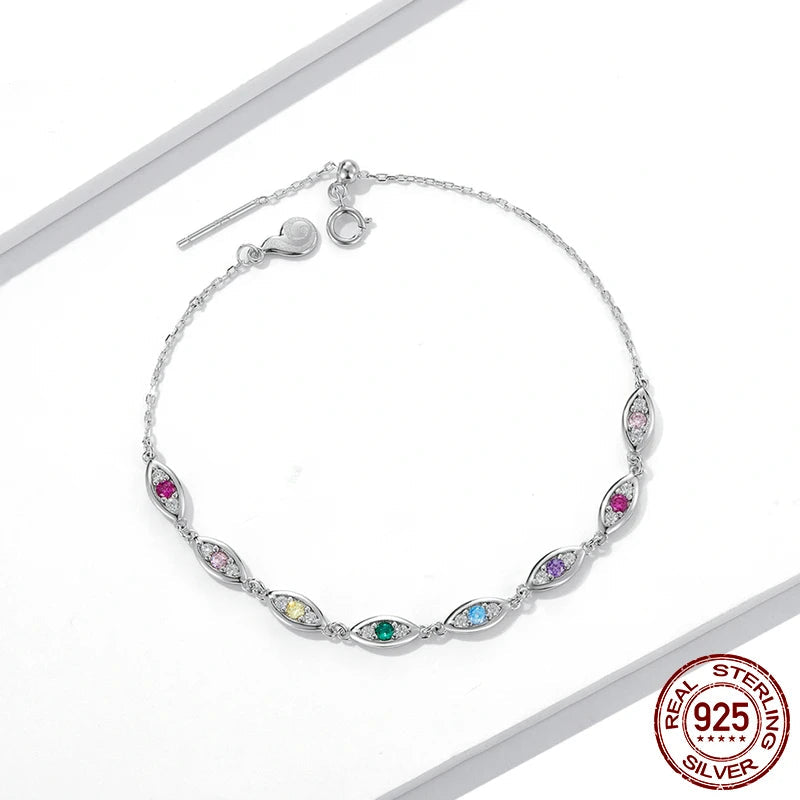 Vibrant 925 Sterling Silver Rainbow Evil Eye Charm Bracelet