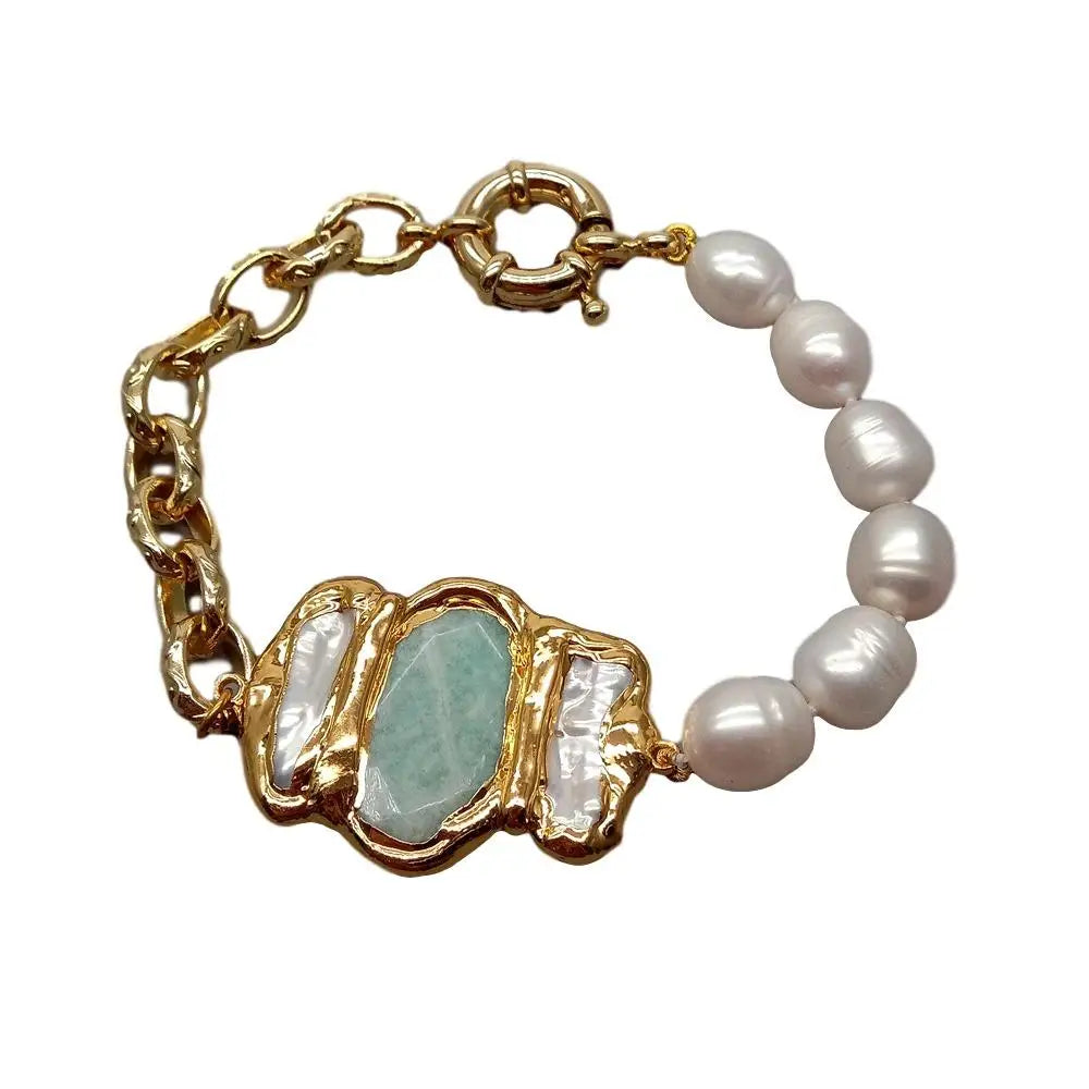 Artistic Natural Cultured White Rice Pearl Amazonite Pearl Chain Bracelet