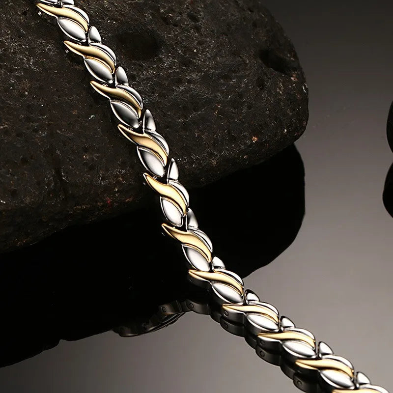 Sleek Gold-Tone Magnetic Health Energy Germanium Stainless Steel Waterproof Bracelet