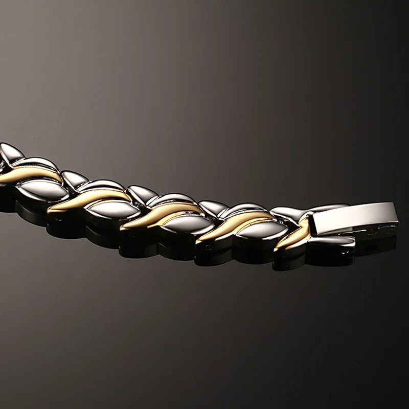 Sleek Gold-Tone Magnetic Health Energy Germanium Stainless Steel Waterproof Bracelet