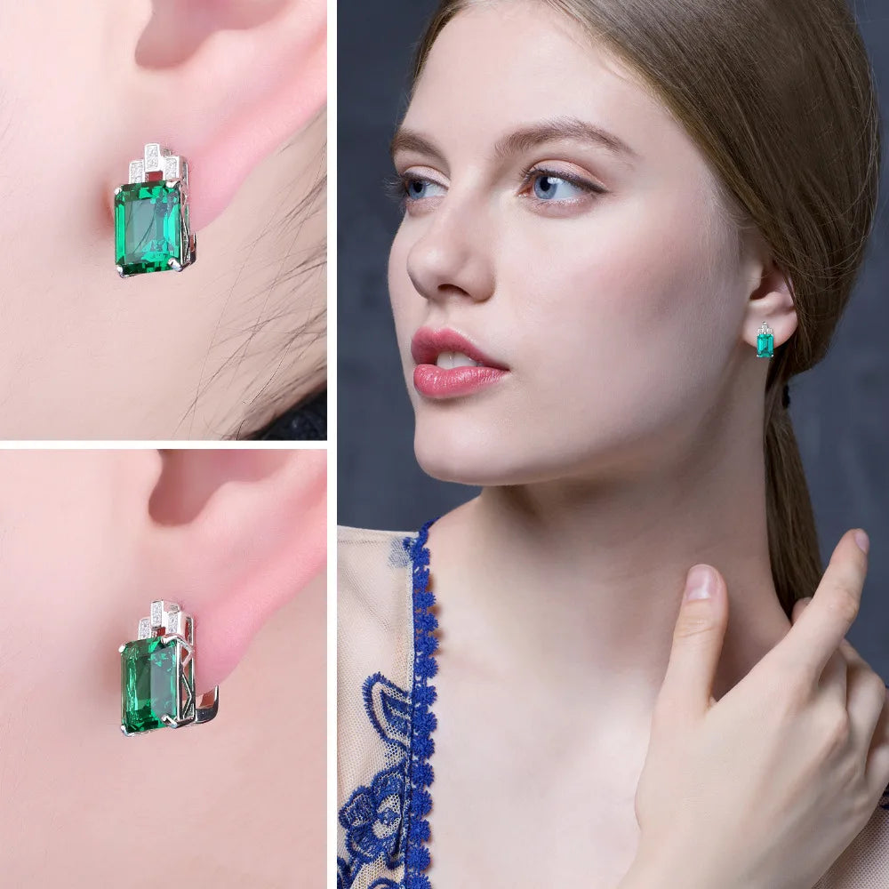 Elegant Green Simulated Emerald 925 Sterling Silver Clip Earrings