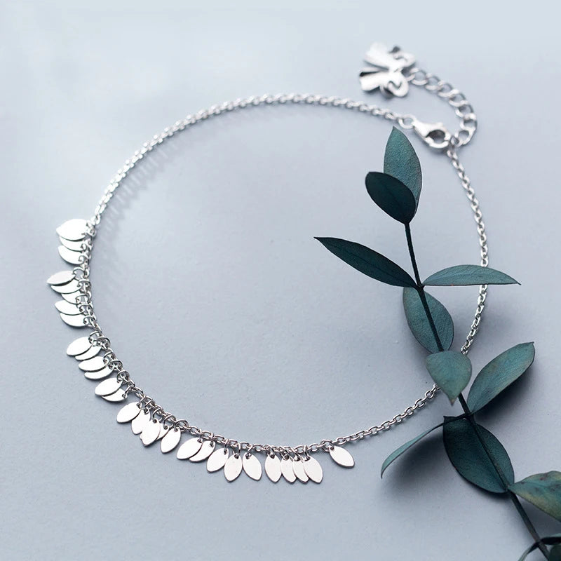 Graceful 925 Sterling Silver Oval Leaf Tassel Bracelet Anklet