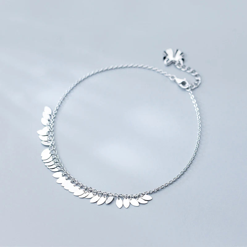 Graceful 925 Sterling Silver Oval Leaf Tassel Bracelet Anklet
