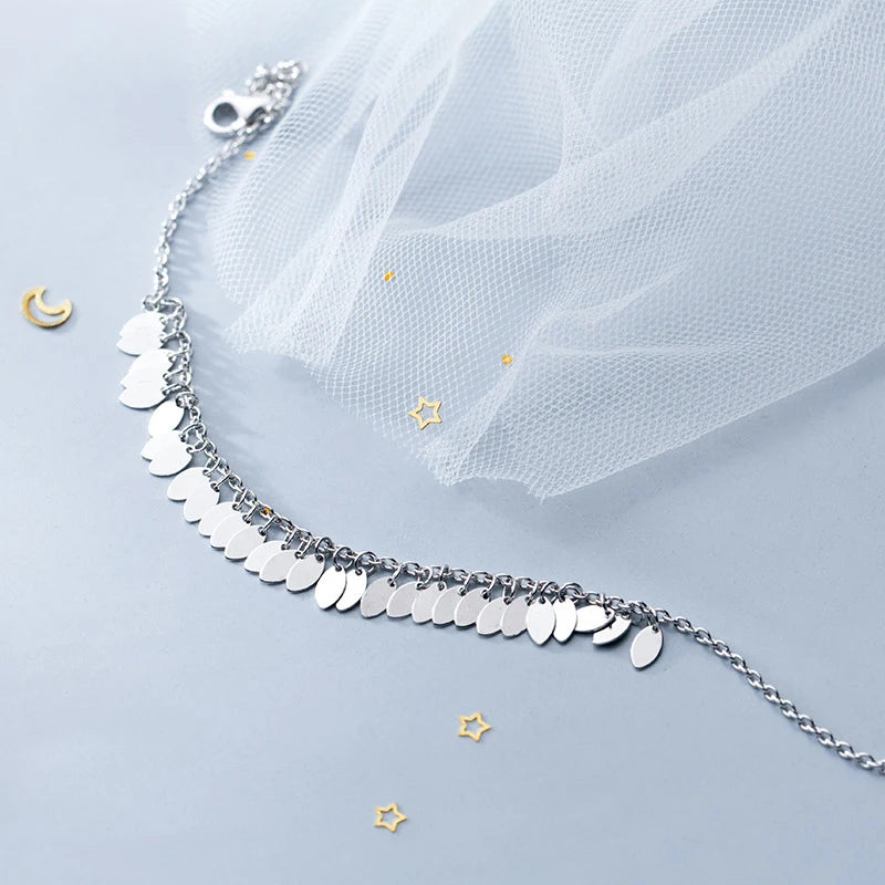 Graceful 925 Sterling Silver Oval Leaf Tassel Bracelet Anklet