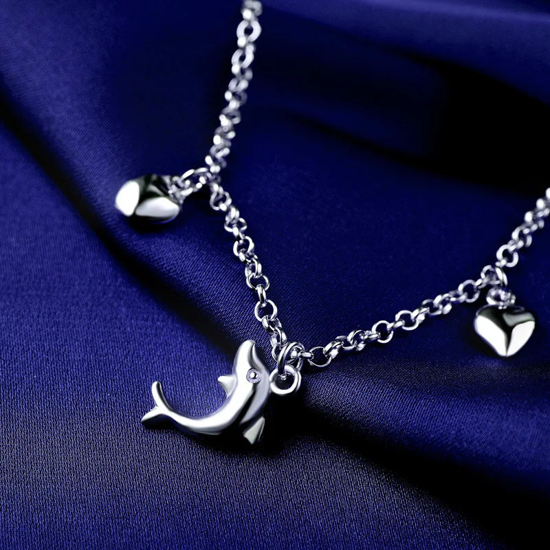 Cute 925 Silver Dolphin Heart Pendant Anklet