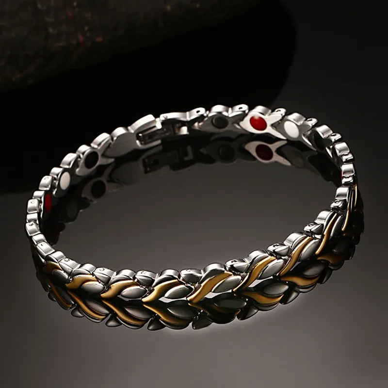 Sleek Gold-Tone Magnetic Health Energy Germanium Stainless Steel Waterproof Bracelet