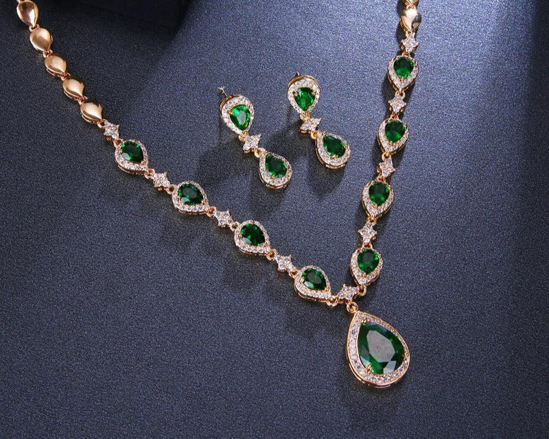 Charming Green Waterdrop Zirconia Earrings And Necklace Jewelry Sets