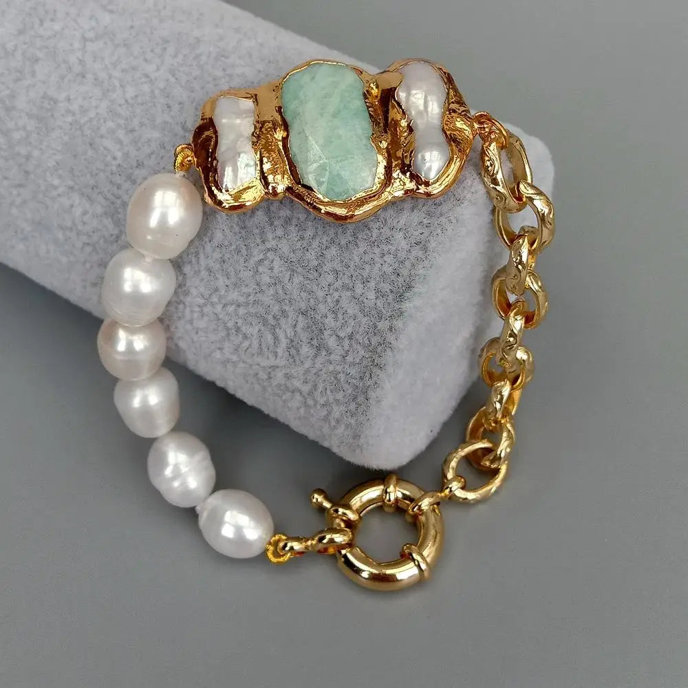 Artistic Natural Cultured White Rice Pearl Amazonite Pearl Chain Bracelet