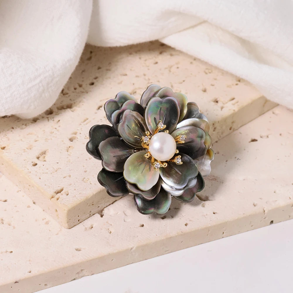 Timeless Natural Freshwater Pearls with White and Black Shell Flowers Brooches