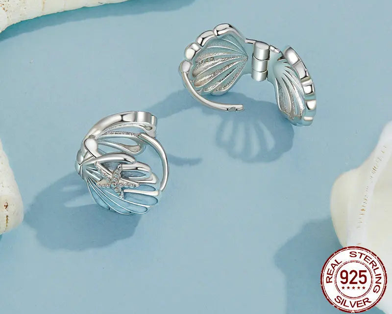 Charming 925 Sterling Silver Blue Shell Starfish Earrings