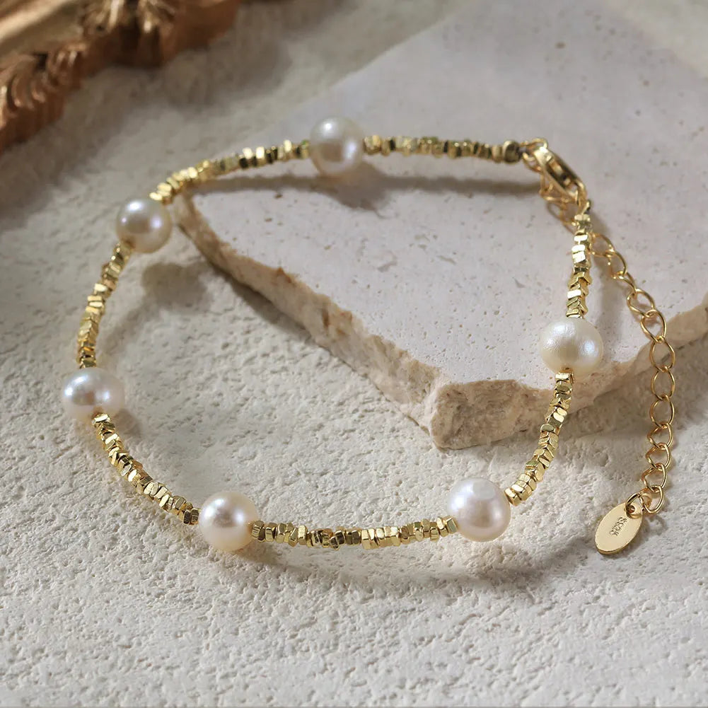 Elegant 14K Gold-Plated 925 Sterling Silver Freshwater Pearl & 5A CZ Chain Bracelet