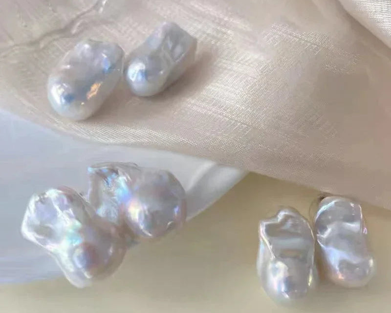 Exquisite Natural Fresh Water Irregular Aurora Bright White Baroque Pearl Earrings
