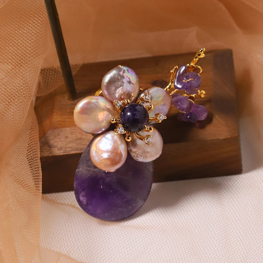 Luxurious Natural Pearl Amethyst Baroque Flower Branch Brooch