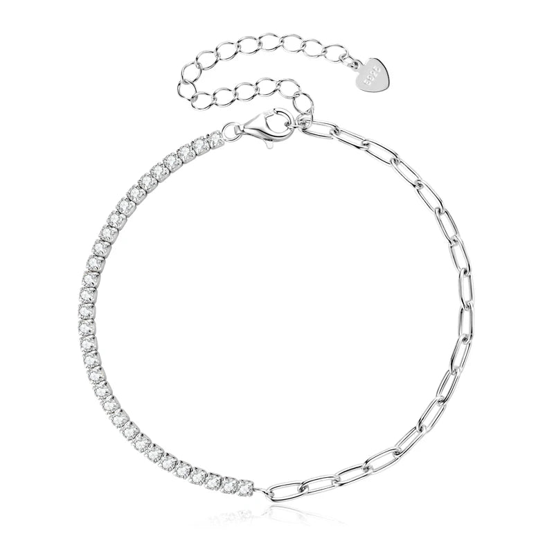 Delicate 2mm Moissanite 925 Sterling Silver Paperclip Chain Adjustable Bracelet