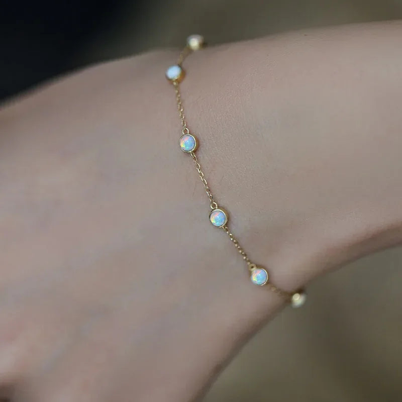 Minimalist 925 Sterling Silver Round Opal 18K Gold Chain Bracelet