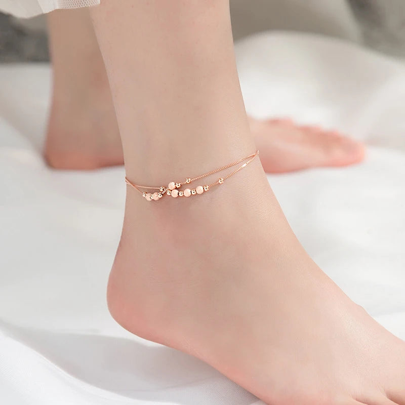 Versatile Sterling Silver 925 Rose Gold Color Frosted Ball Light Beads Anklet
