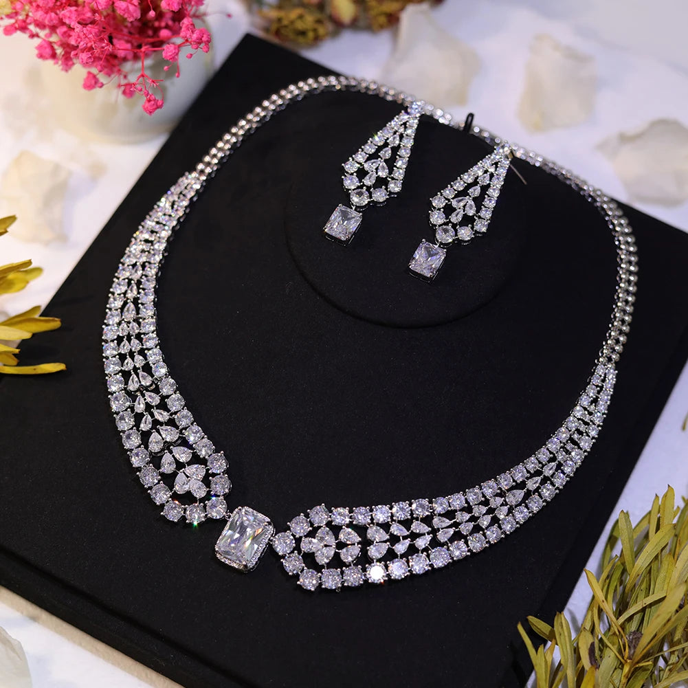 Chic Shiny Square Light White CZ Crystal Necklace and Earrings Jewelry Sets