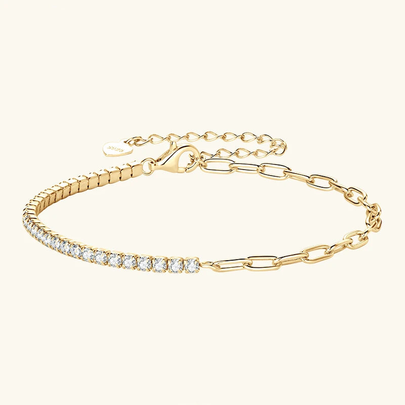 Delicate 2mm Moissanite 925 Sterling Silver Paperclip Chain Adjustable Bracelet