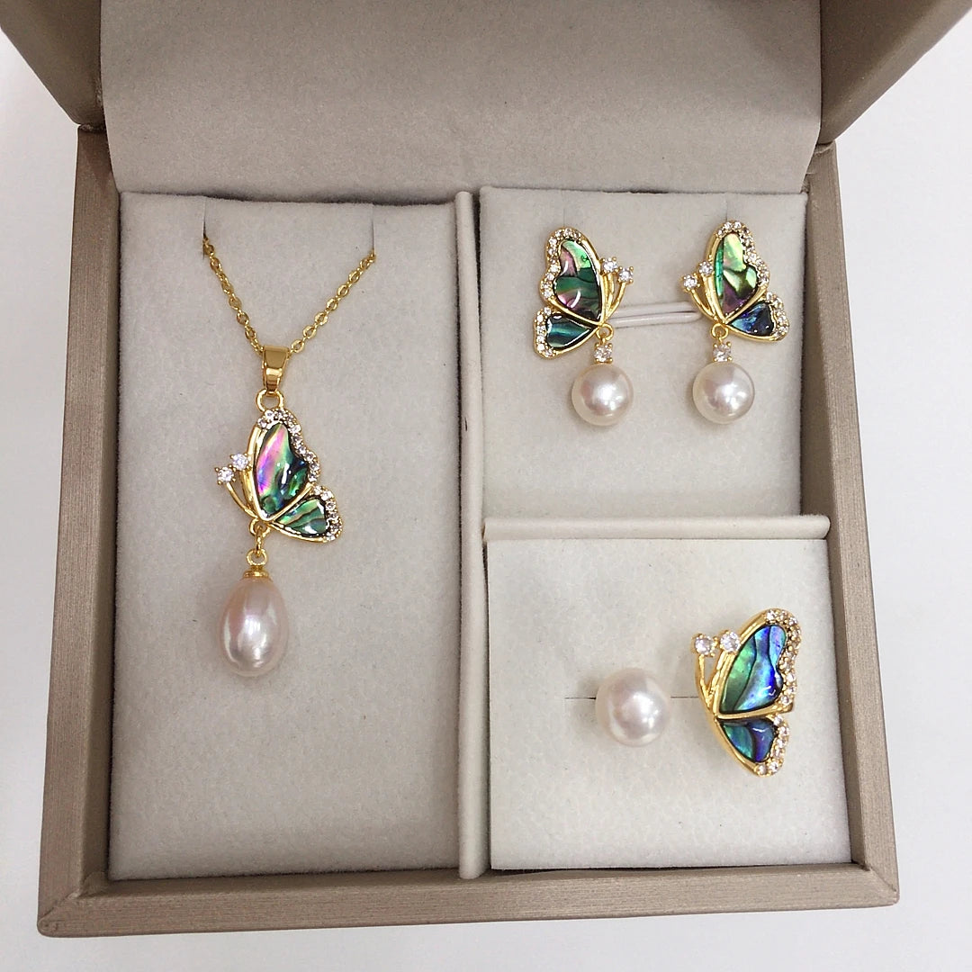 Unique Shell Butterfly Shaped Natural Fresh Water Pearl Jewelry Set