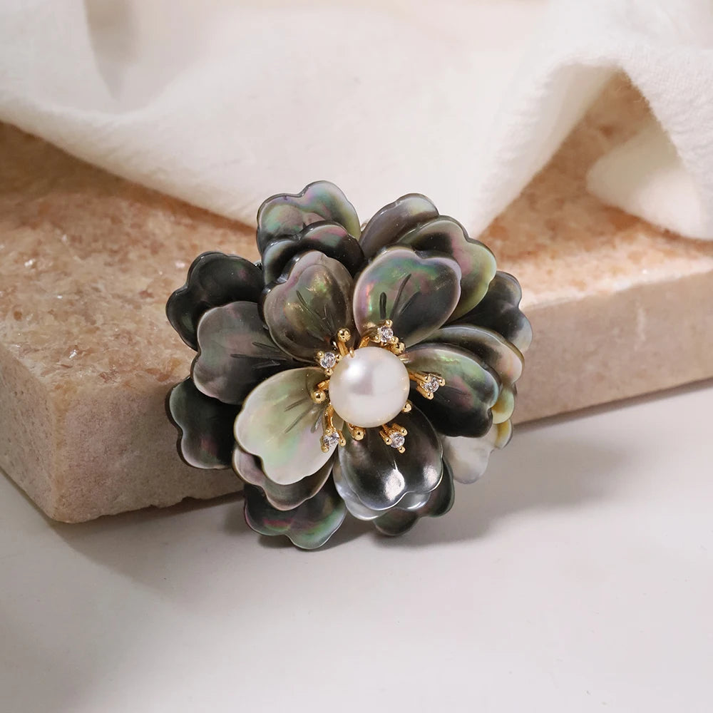 Timeless Natural Freshwater Pearls with White and Black Shell Flowers Brooches