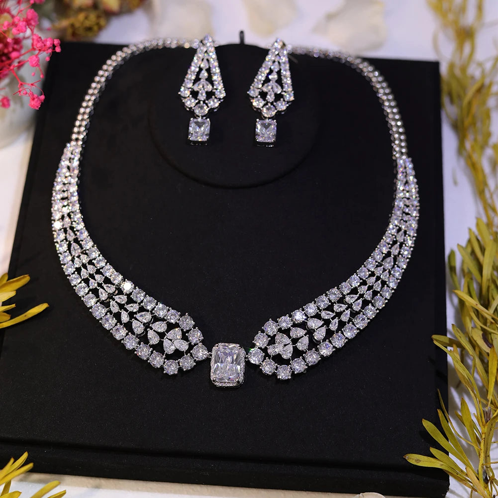 Chic Shiny Square Light White CZ Crystal Necklace and Earrings Jewelry Sets