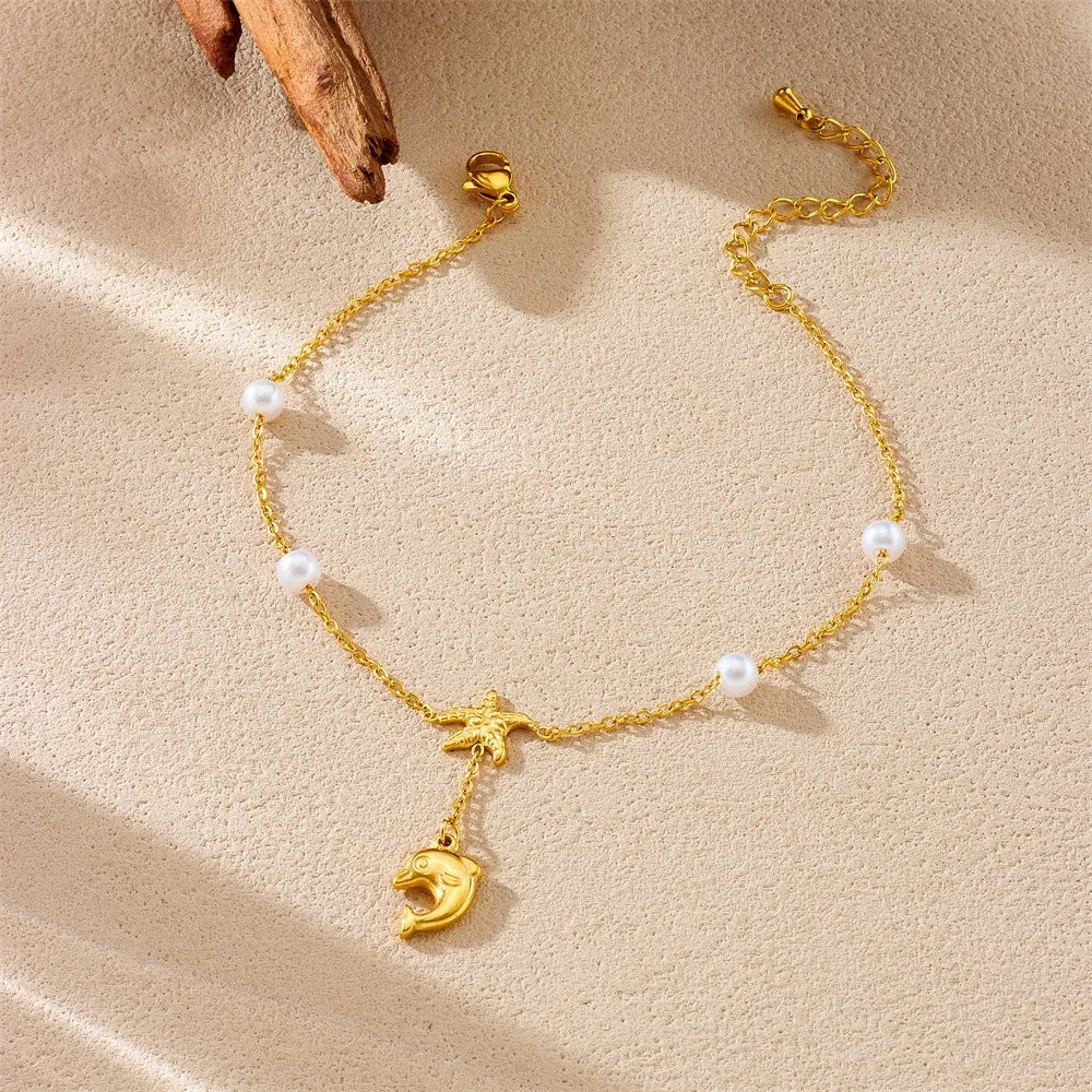 Classic Stainless Steel Dolphin Starfish Shell Pendant Pearl Anklet