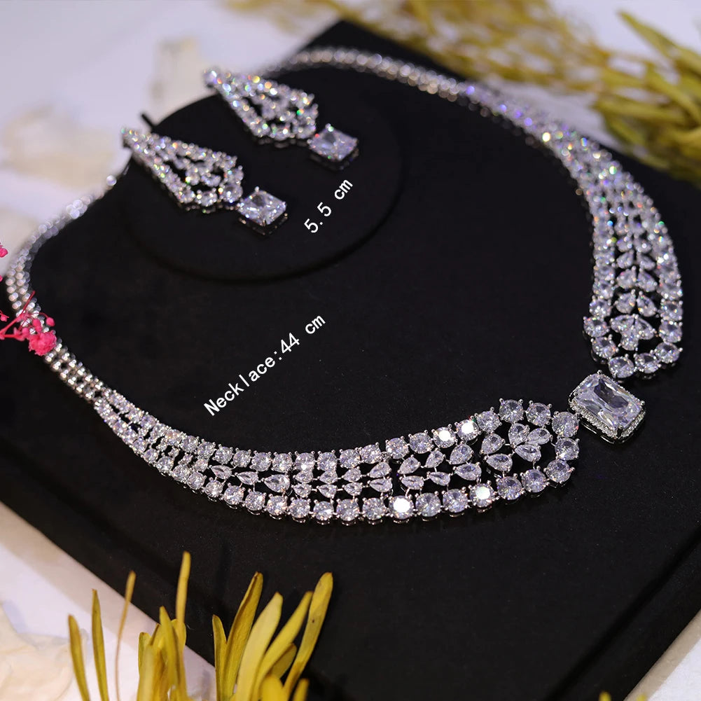 Chic Shiny Square Light White CZ Crystal Necklace and Earrings Jewelry Sets
