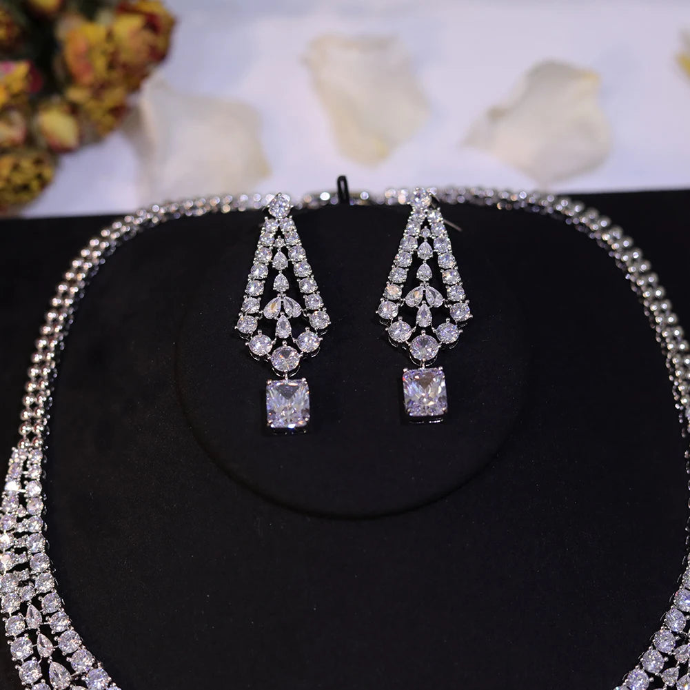 Chic Shiny Square Light White CZ Crystal Necklace and Earrings Jewelry Sets