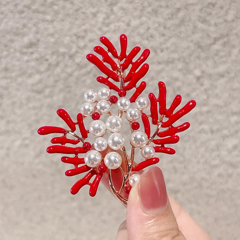 Luxury Red Maple Leaf Coral Pearl Brooch
