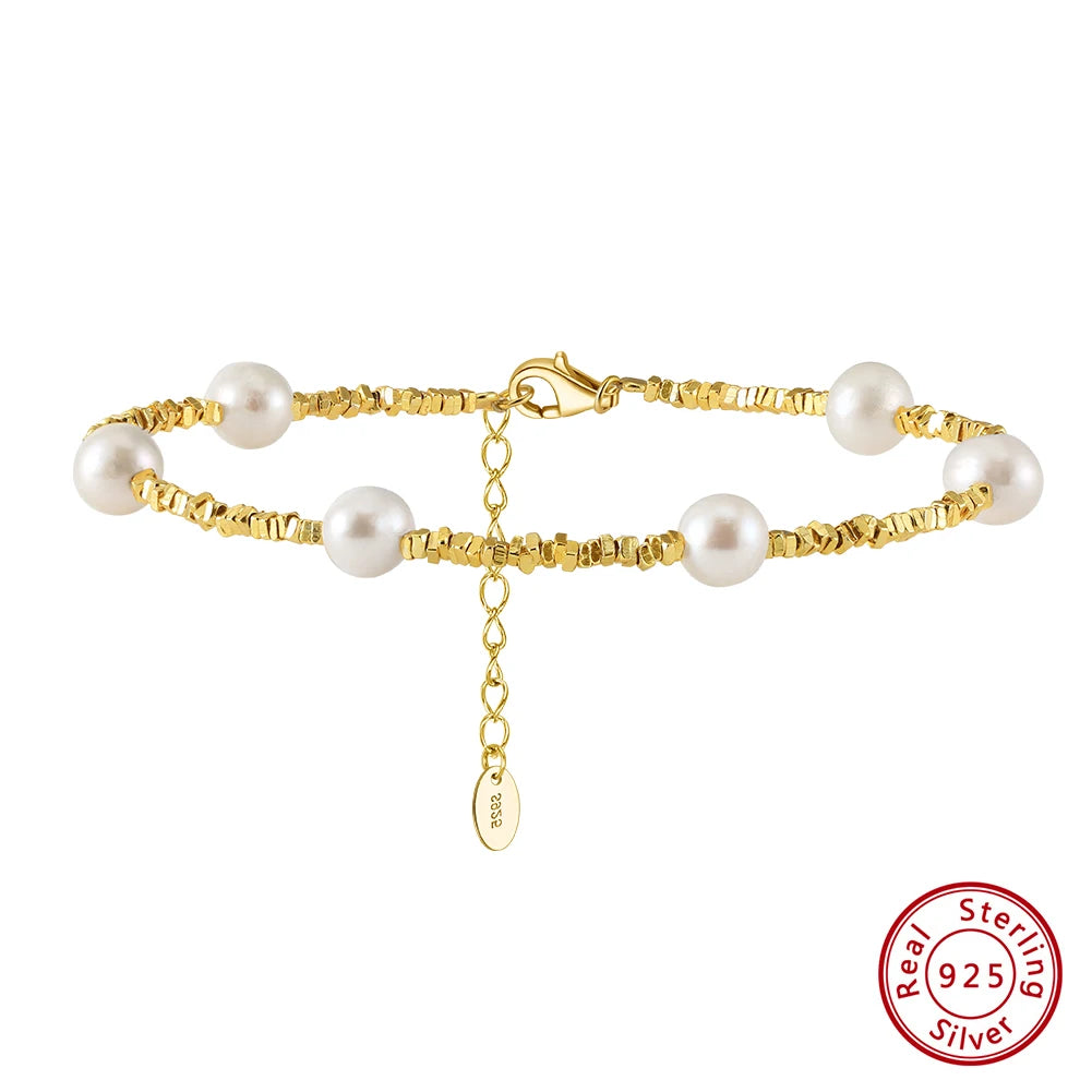 Elegant 14K Gold-Plated 925 Sterling Silver Freshwater Pearl & 5A CZ Chain Bracelet