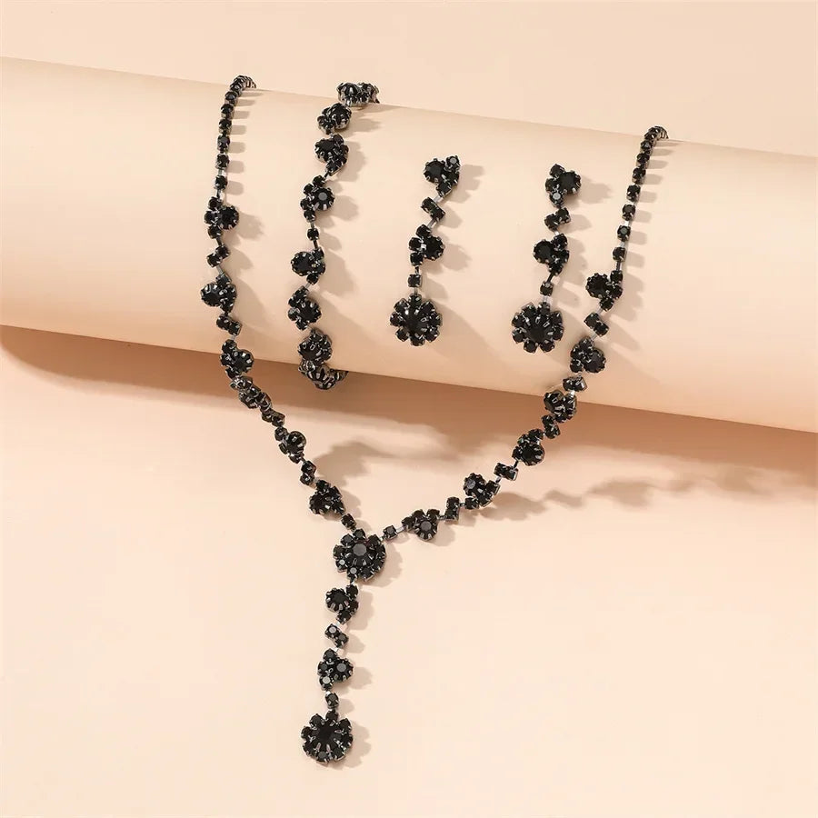Glamorous Black & Silver Crystal Jewelry Set with Long Tassel Rhinestone Earrings