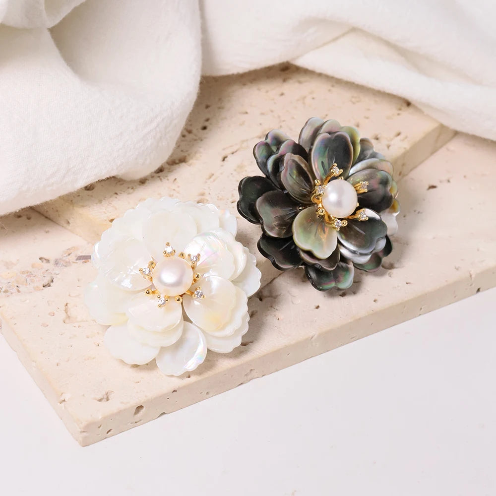 Timeless Natural Freshwater Pearls with White and Black Shell Flowers Brooches