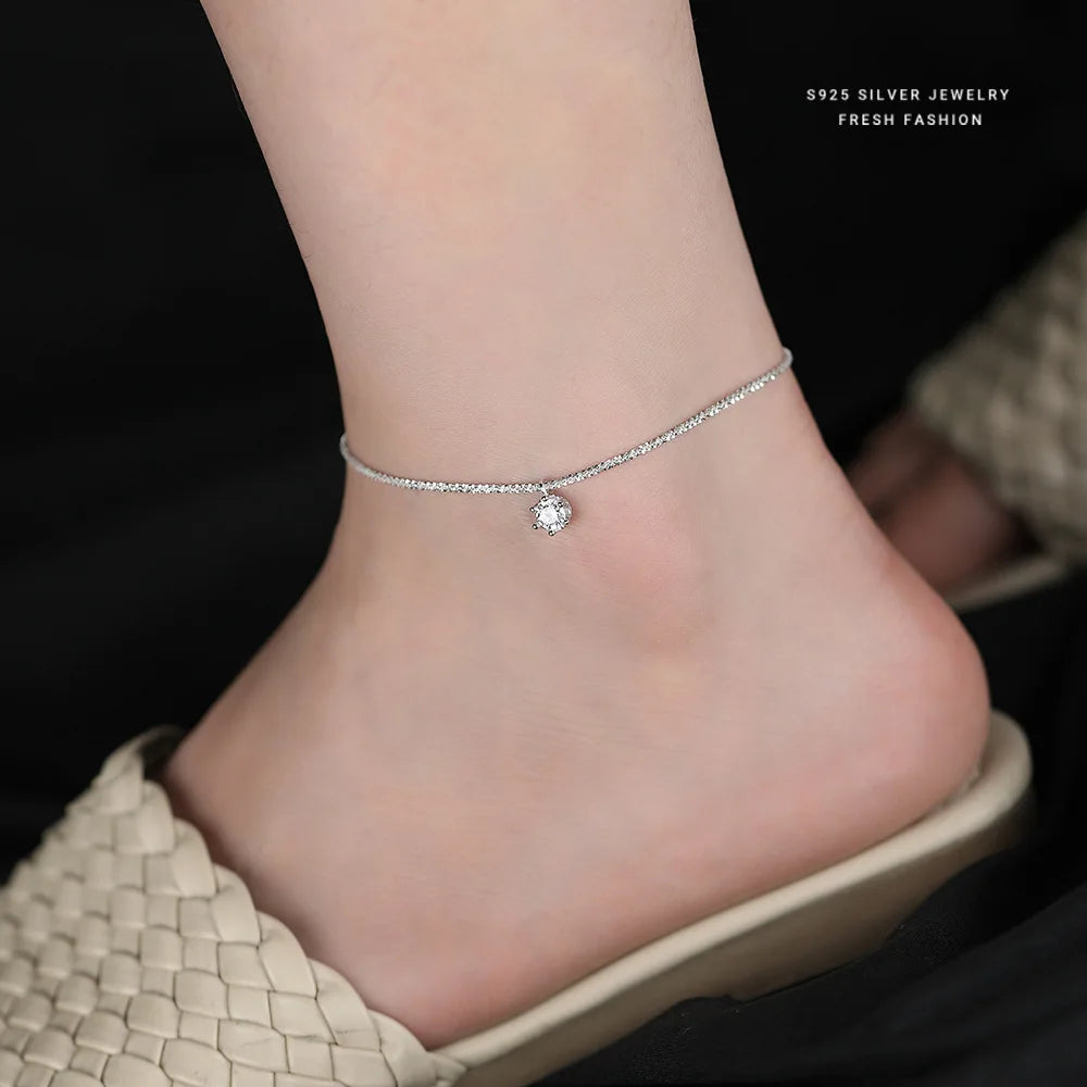 Sparkling 925 Sterling Silver Zircon Pendant Anklet