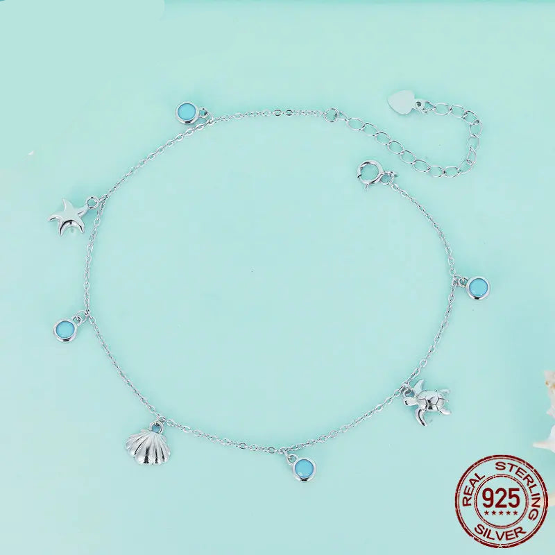 Graceful 925 Sterling Silver Sea Turtle Starfish Shell Charms Anklet
