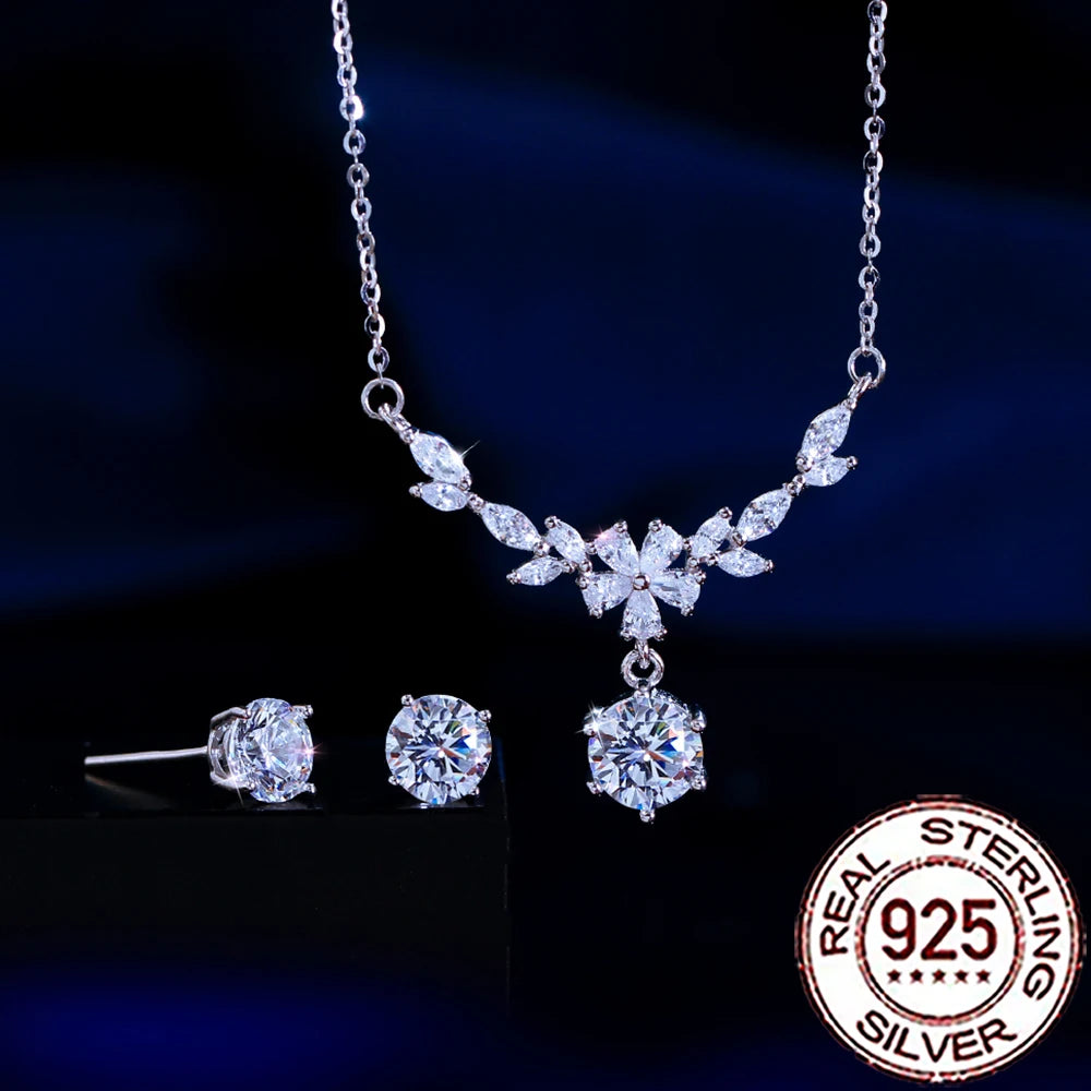 Delicate Zircons 925 Sterling Silver Leaf Flower Jewelry Set