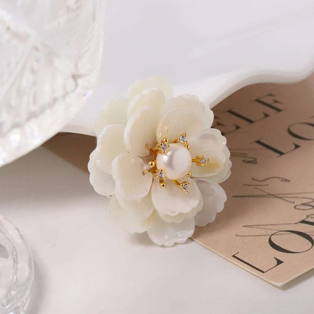 Timeless Natural Freshwater Pearls with White and Black Shell Flowers Brooches