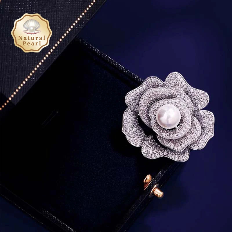 Sparkling Freshwater Pearl in 3D Flower Design Brooch