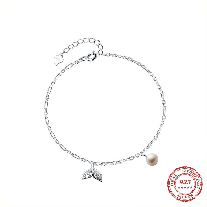 Delicate 925 Sterling Silver Pearl Bead Bracelet & Adjustable Figaro Chain Anklet with Mermaid Tail Charm