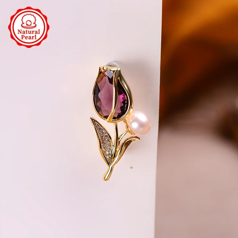 Elegant Flat Freshwater Pearl Brooch – Vintage Tulip Flower Design