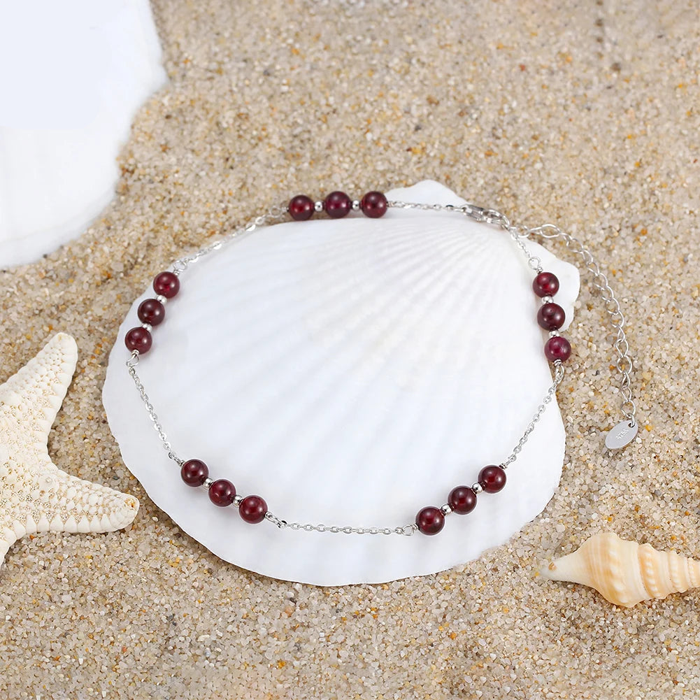 Delicate Genuine Beaded Garnet Anklet