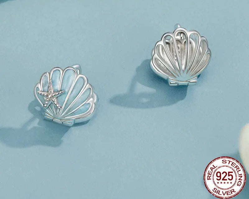 Charming 925 Sterling Silver Blue Shell Starfish Earrings