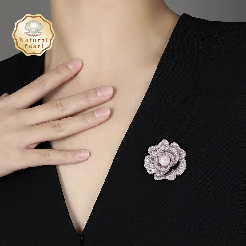 Sparkling Freshwater Pearl in 3D Flower Design Brooch