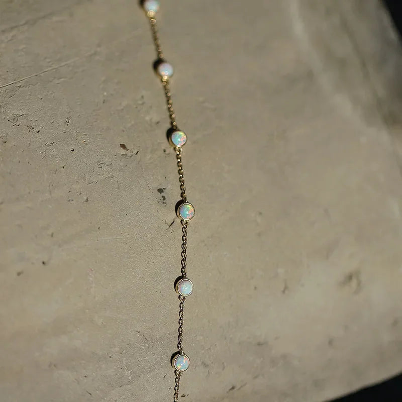 Minimalist 925 Sterling Silver Round Opal 18K Gold Chain Bracelet